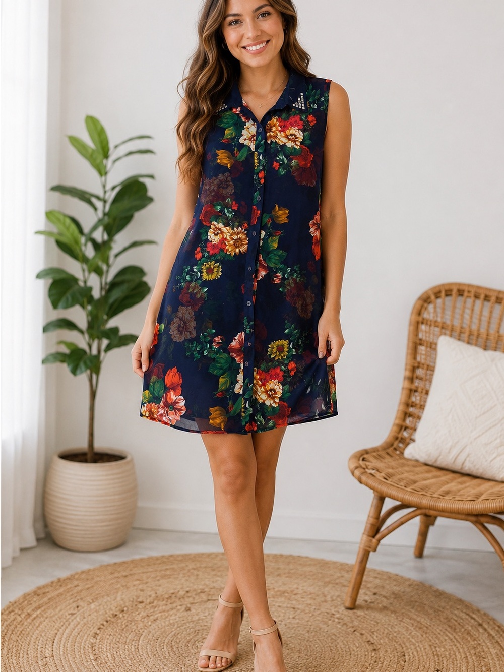 Forever 21 Navy Floral Button-Front Sleeveless Cover-Up